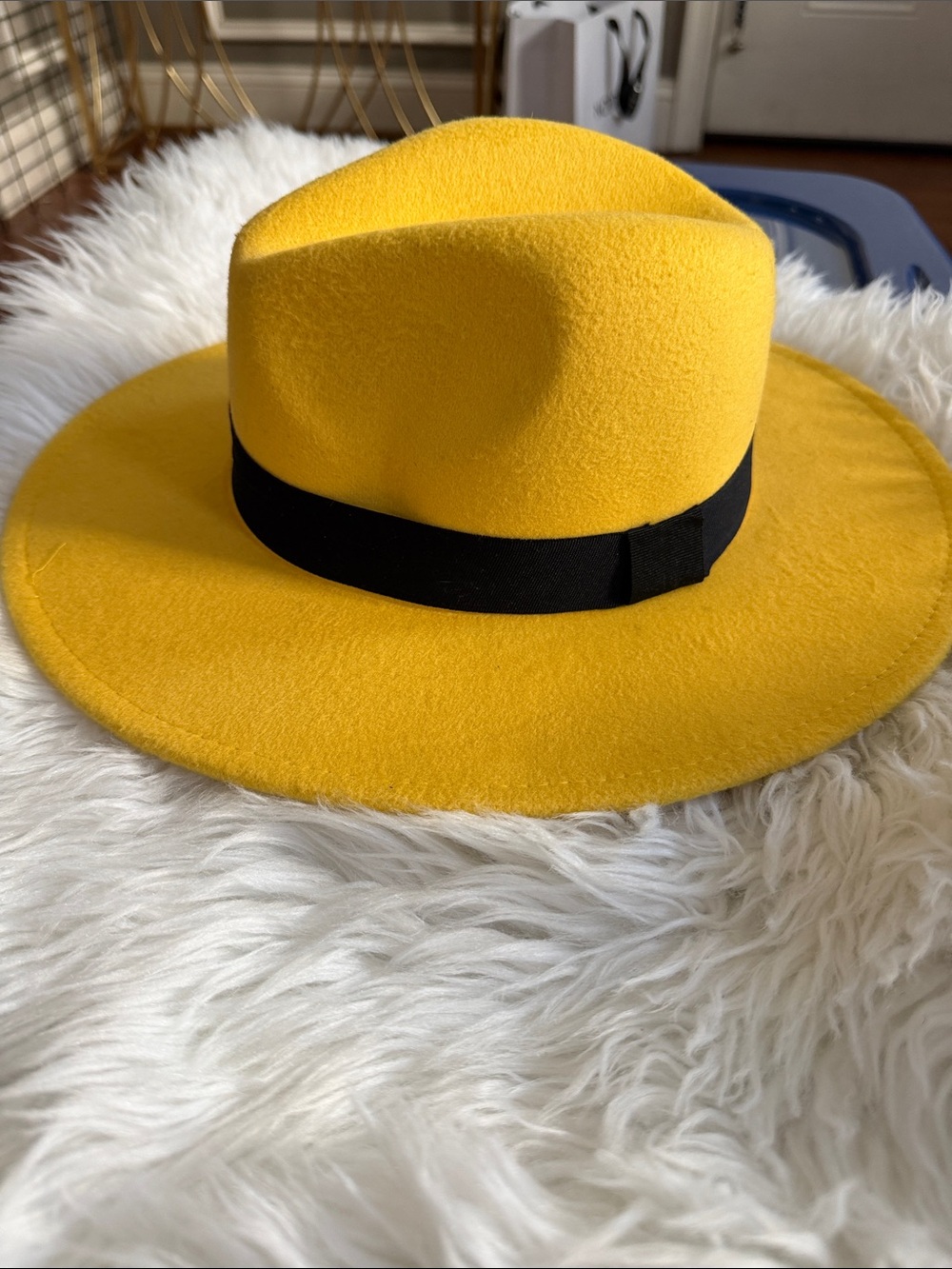 Wide Brim Wool Fedora Hat in Yellow with Black Band